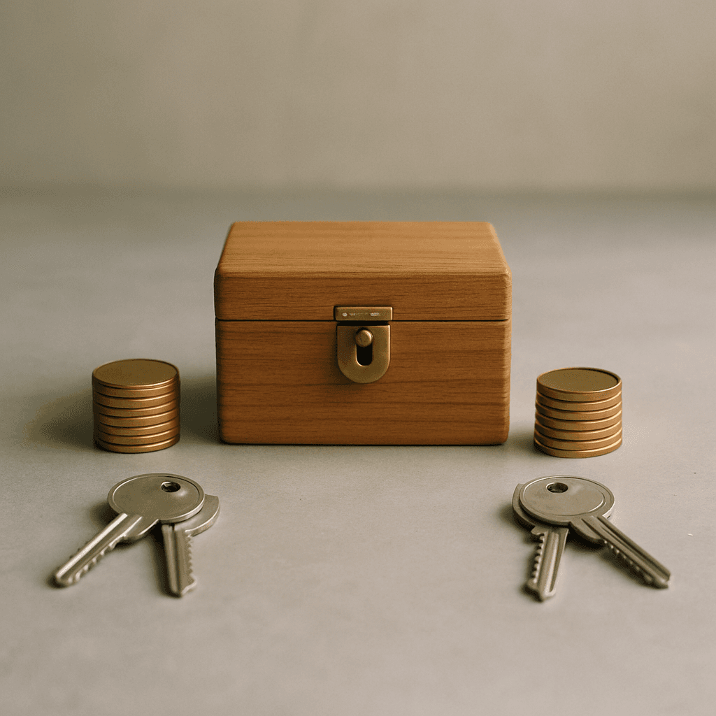 Inheritance buyout between heirs represented by keys, lockbox, and token piles