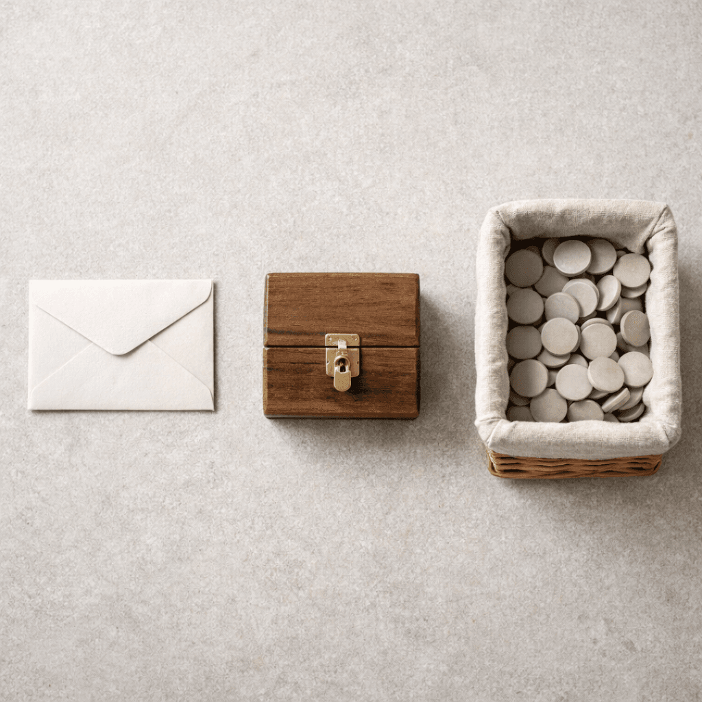 Bequest types concept with envelope, locked box, and basket showing uncertain inheritance
