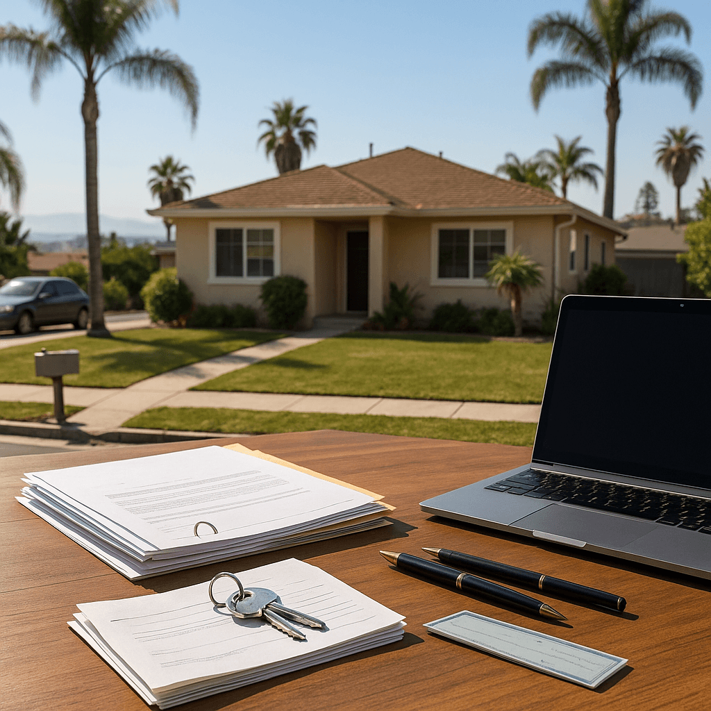 Probate Loans in Chula Vista illustrated with California home, legal documents, laptop, and house keys symbolizing inheritance funding in a realistic setting.