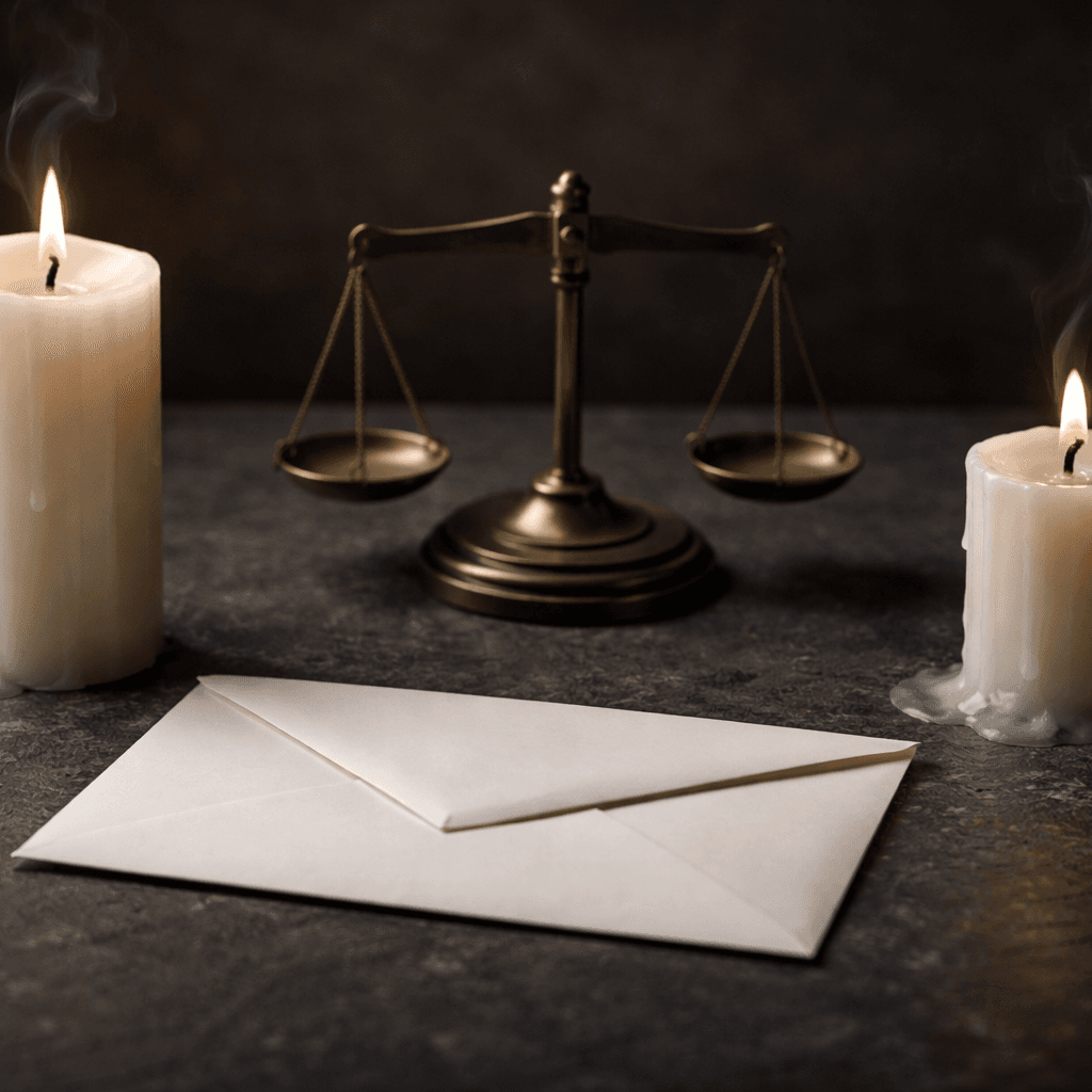 Survivorship rules concept with two extinguished candles and sealed inheritance envelope