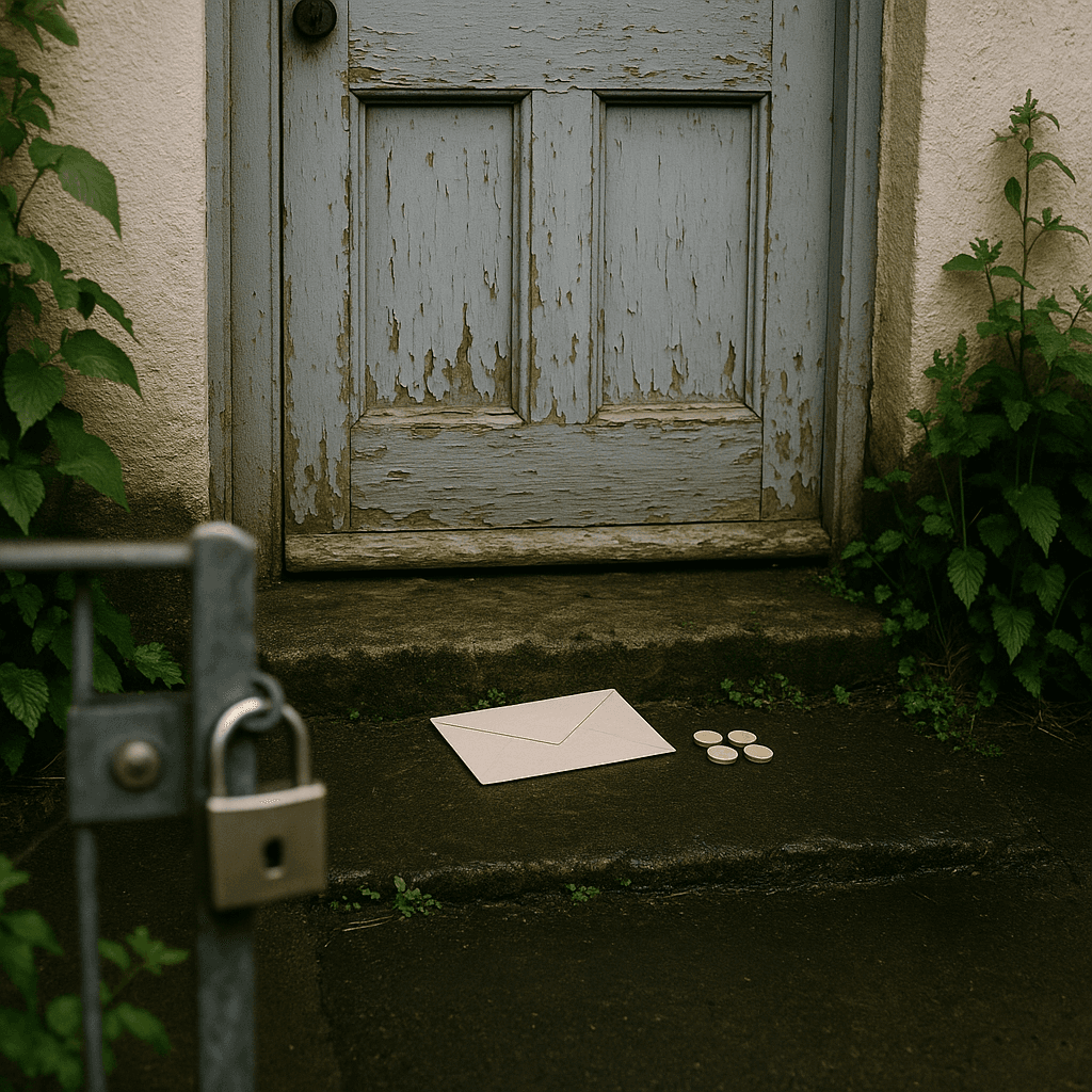 Stop foreclosure concept using inheritance advance shown by envelope at a distressed home entrance