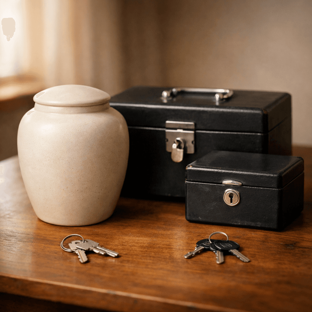 Beneficiary dies during probate concept with unmarked urn and nested locked boxes